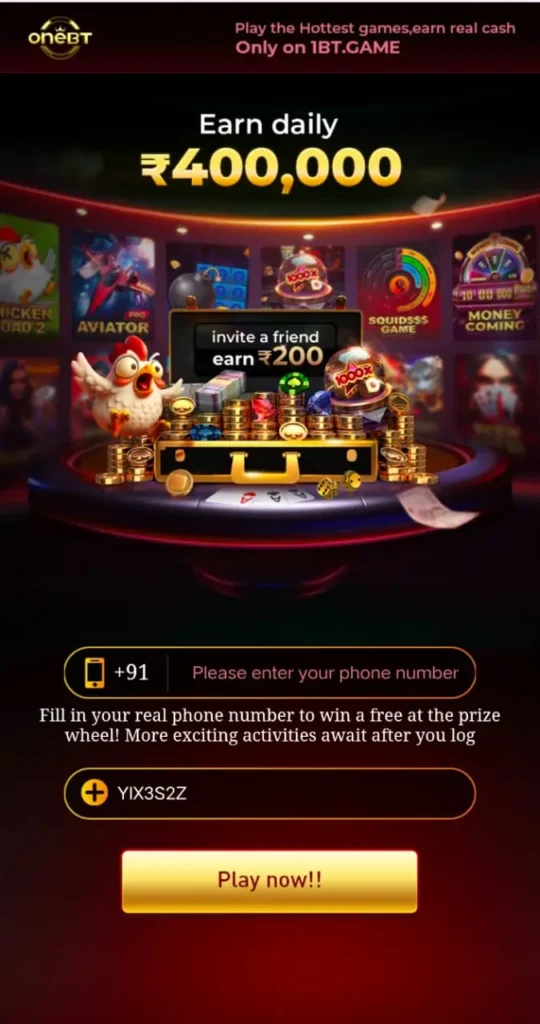 ONEBT Game home screen showing rummy, teen patti, slots and casino games